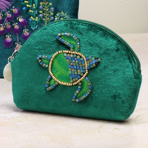 Emerald Green Velvet Embellished Turtle D Shape Coin Purse by Peace of Mind